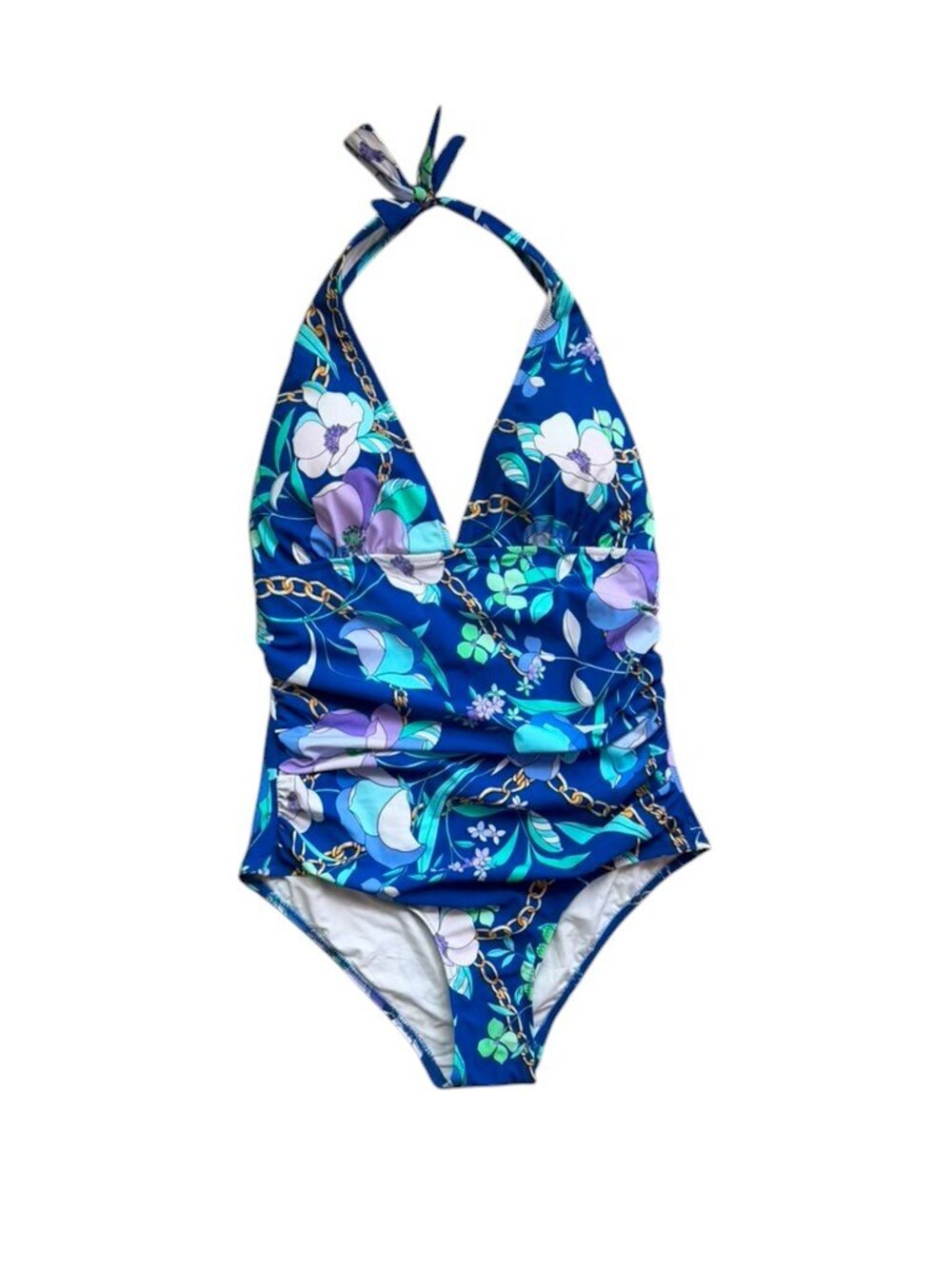 Gottex Women Size 10 One Piece Swimsuit Floral Chain Print Halter Ruched NWT.